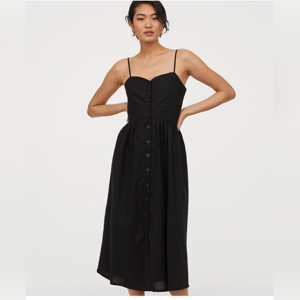 H&M linen blend midi dress - black